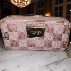 Michael Kors Signature Check Zip Around Wallet Blush Pink Gold Hardware
